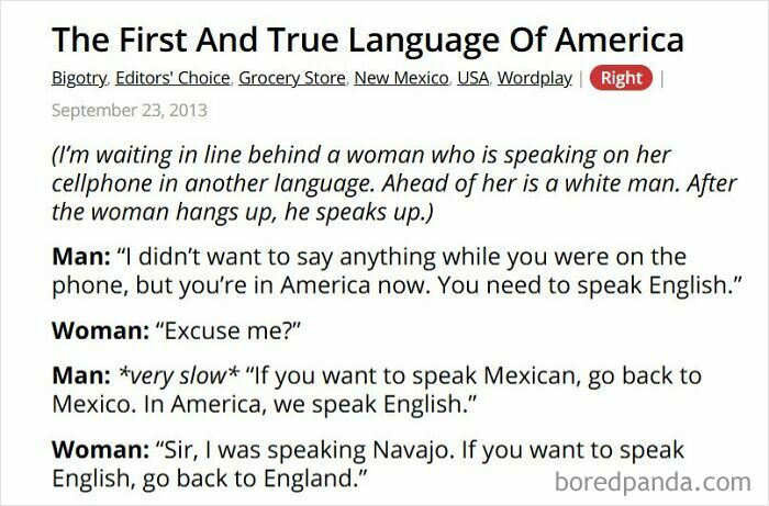 Humorous grocery store line story about speaking English and language clash