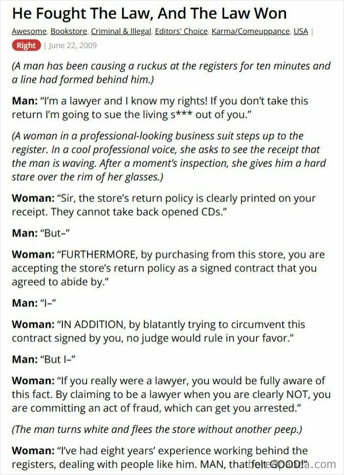 Man confronts store clerk about return policy with confidence and demands a refund