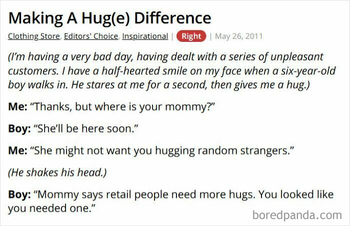 Six-year-old comforts retail worker during a bad day with a hug