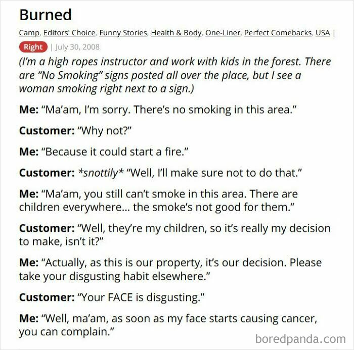 No smoking argument between customer and staff in forest camp area