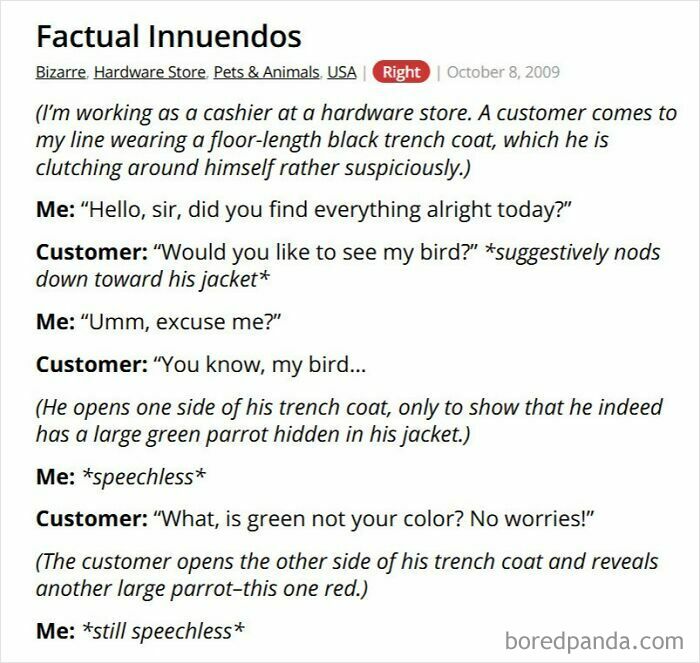 Funny hardware store cashier encounter with a customer hiding parrots