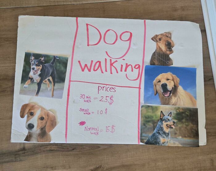 A handmade dog walking flyer with photos of dogs, featured in wholesome pics of dads supporting family projects