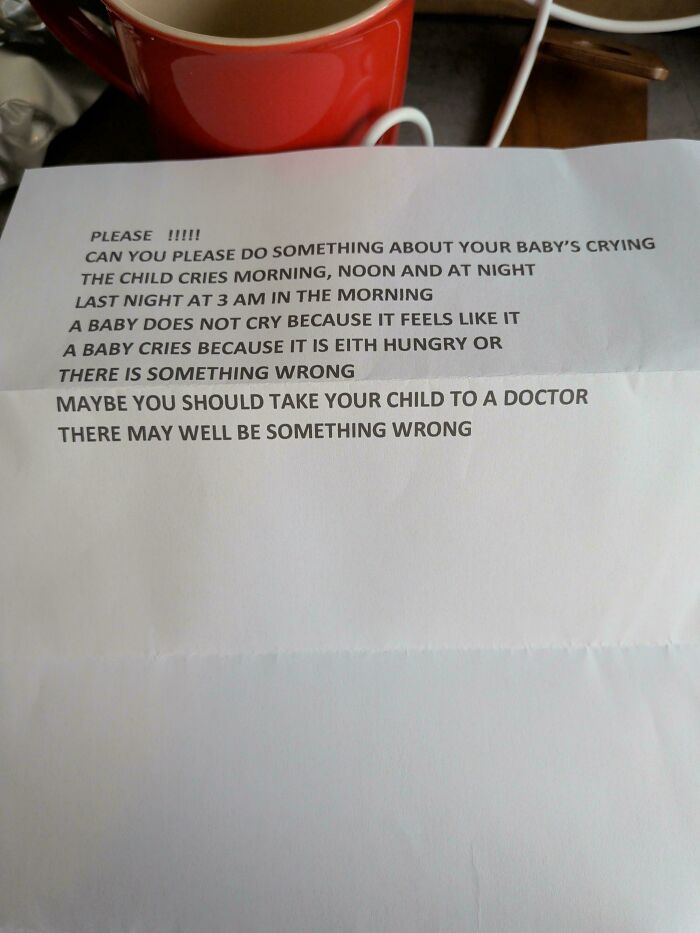 A typed note complaining about a baby crying, illustrating the real challenges faced by dads in fatherhood.