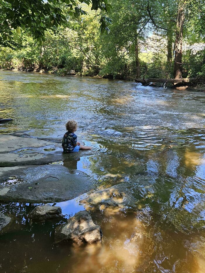 A wholesome view of a child sitting in a shallow stream surrounded by trees