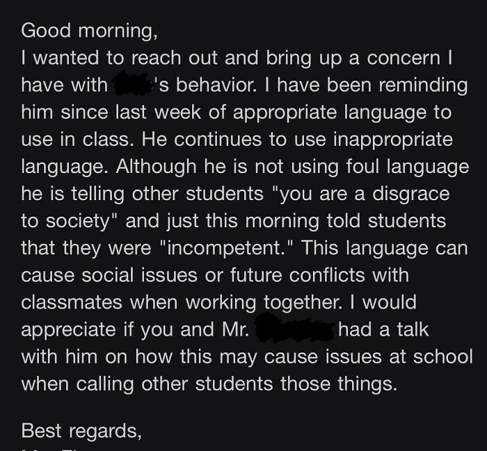 A teacher email sent to a father regarding student classroom behavior