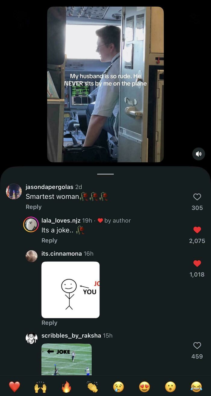 A social media thread where a user corrected an obvious joke about a pilot husband with too much confidence.