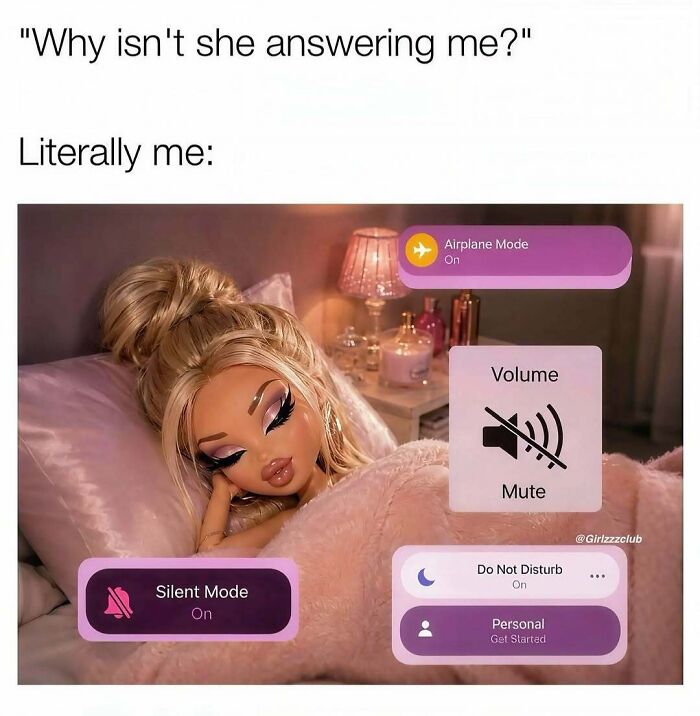 Funny memes about being a woman showing a doll in bed with silent and airplane mode notifications on screen