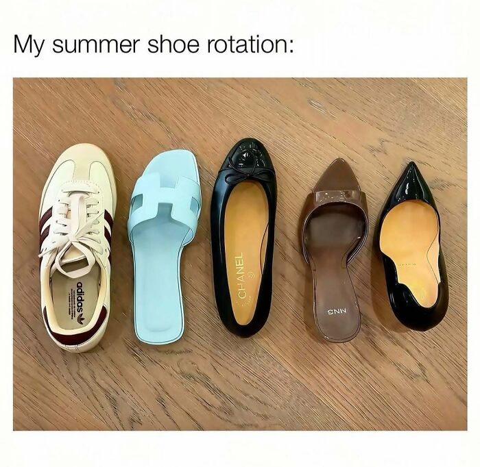 A top-down view of a summer shoe collection highlighting memes about women being stylish