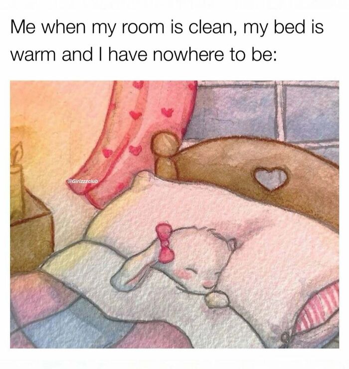 Funny meme about the cozy realities of being a woman showing a cute character sleeping in a warm bed