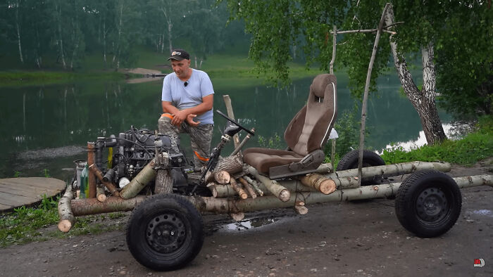 This Russian Man And His Homemade Car He Built Out Of Tree Logs
