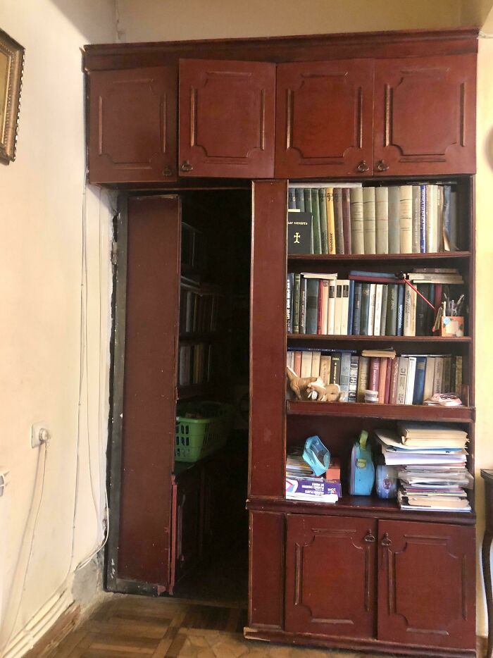 Our Old Soviet Built Home Has A Bookshelf That Can Be Opened Into A Tiny Secret Room :,)