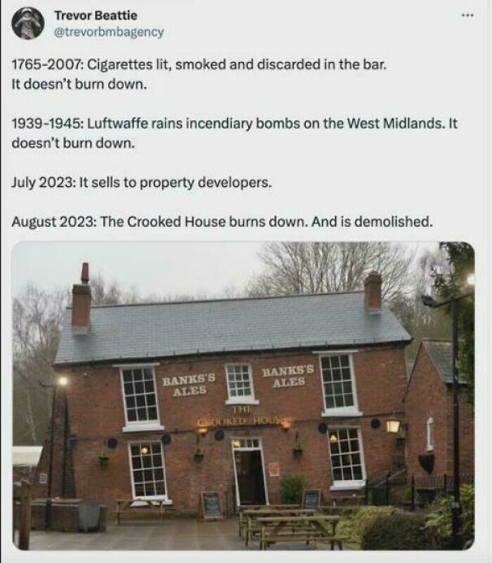 A social media post about a historic pub burned down after being sold, showing terrible landlords actions.