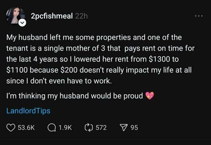 A social media post where a landlord shares a positive story about lowering rent for a single mother tenant.