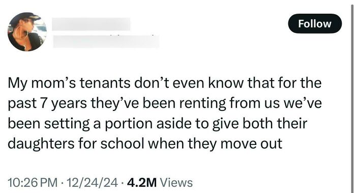 A tweet about a landlord secretly saving a portion of rent money to help the tenants daughters pay for school.