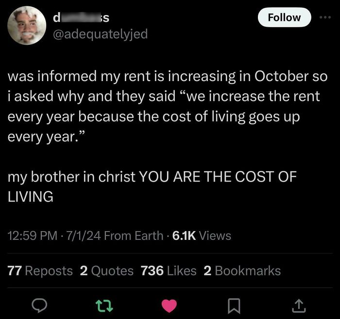 A tweet pointing out the irony of landlords raising rent and blaming the general cost of living.