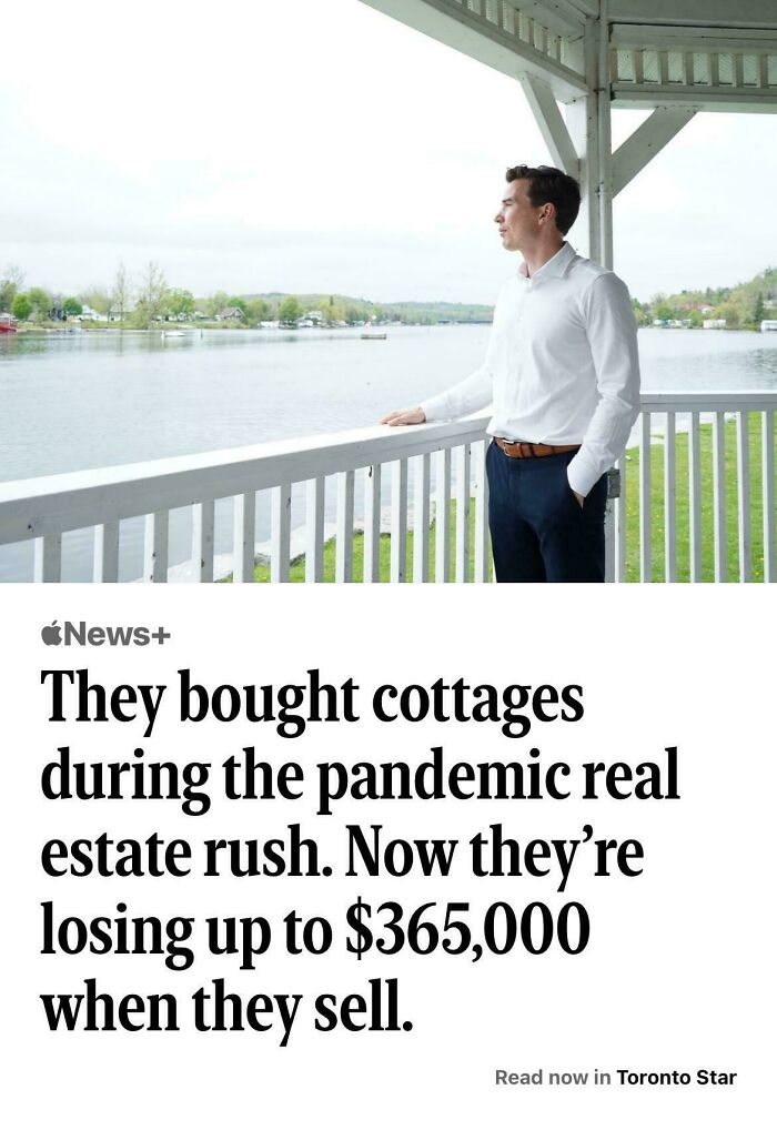 A news article screenshot featuring a man looking over a lake, highlighting issues with landlords.
