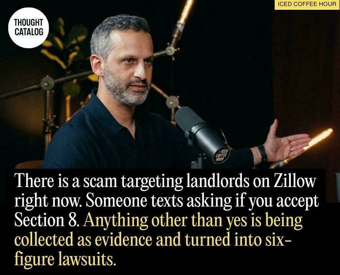 A podcast screenshot discussing a scam targeting landlords on Zillow with Section 8 housing questions.