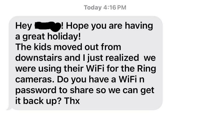A text message showing how landlords used their former tenants WiFi network for security cameras.