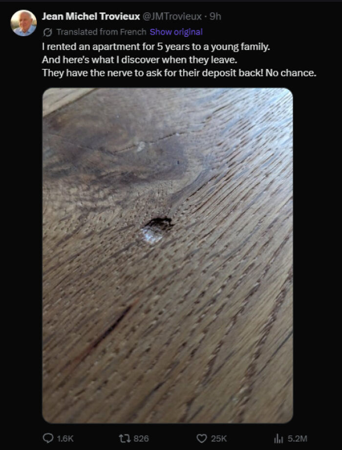 A social media post where terrible landlords complain about a tiny scratch on a wooden floor to keep the deposit.