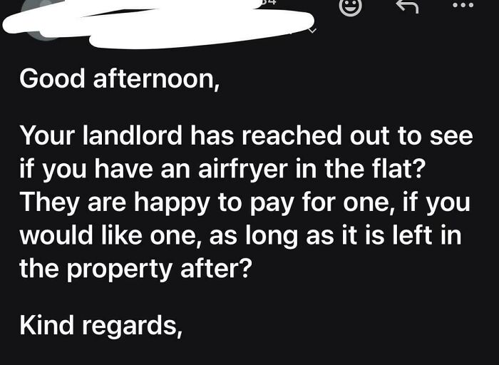 An email from terrible landlords asking a tenant about owning an air fryer