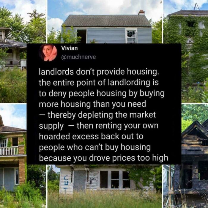 Social media post explaining how landlording depletes the housing supply, over photos of vacant homes.