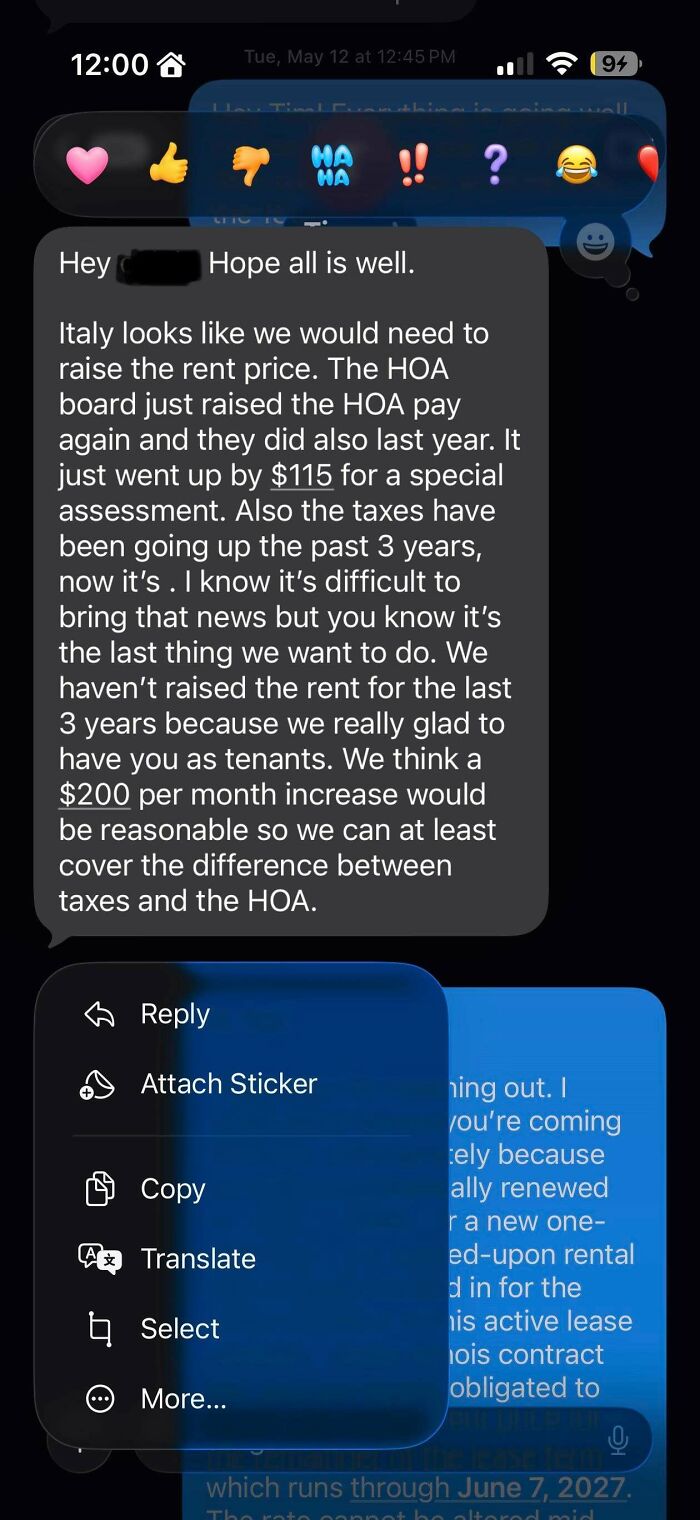 Screenshot of text messages from terrible landlords about raising the rent price