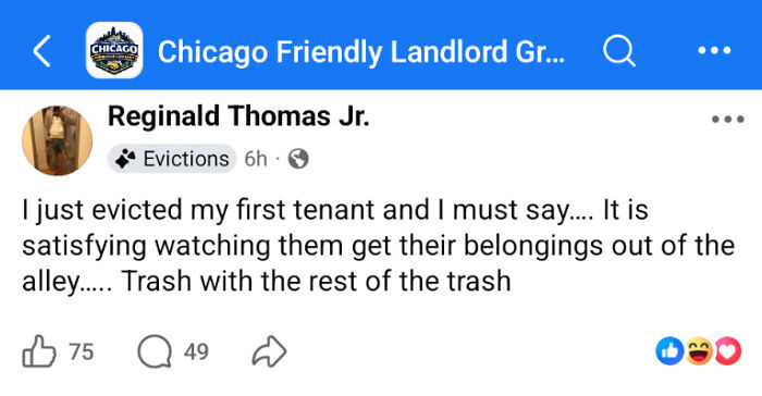 A social media post where terrible landlords brag about evicting their first tenant and calling them trash
