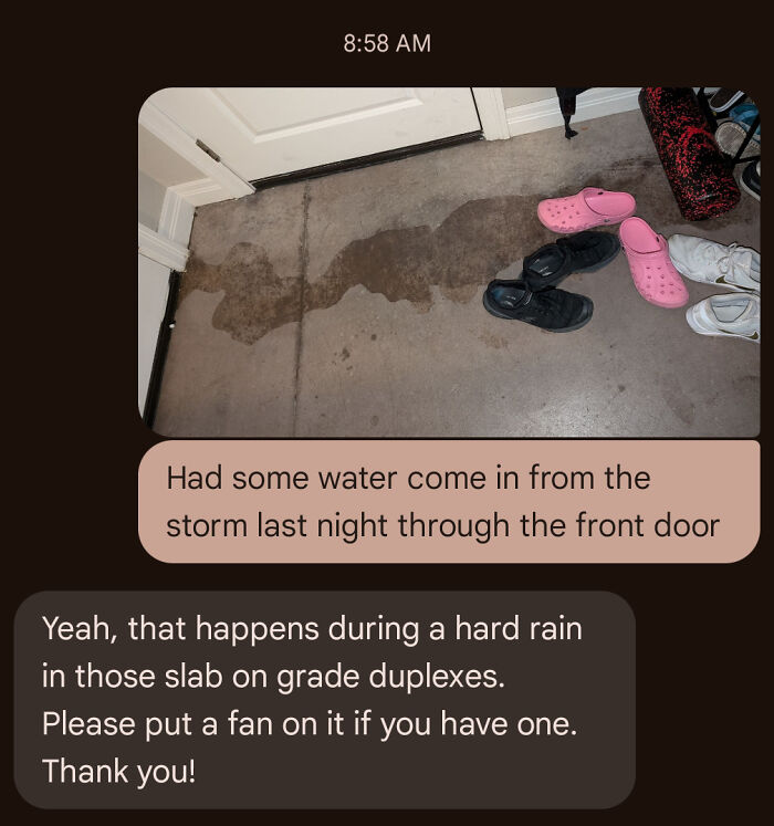 A text conversation where terrible landlords dismiss a flooded entryway from a storm