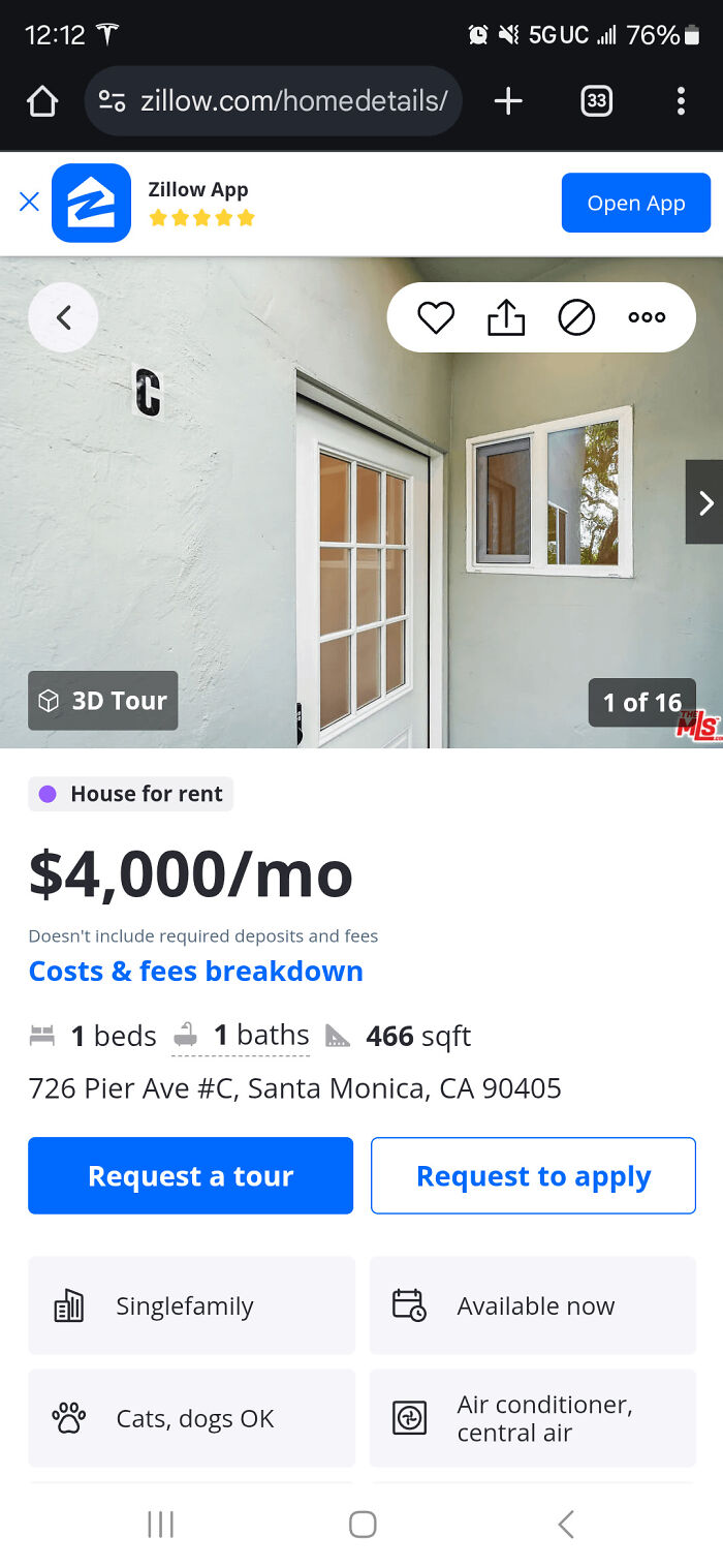 A terrible landlord listing a tiny 466 square foot apartment on Zillow for 4000 dollars a month.