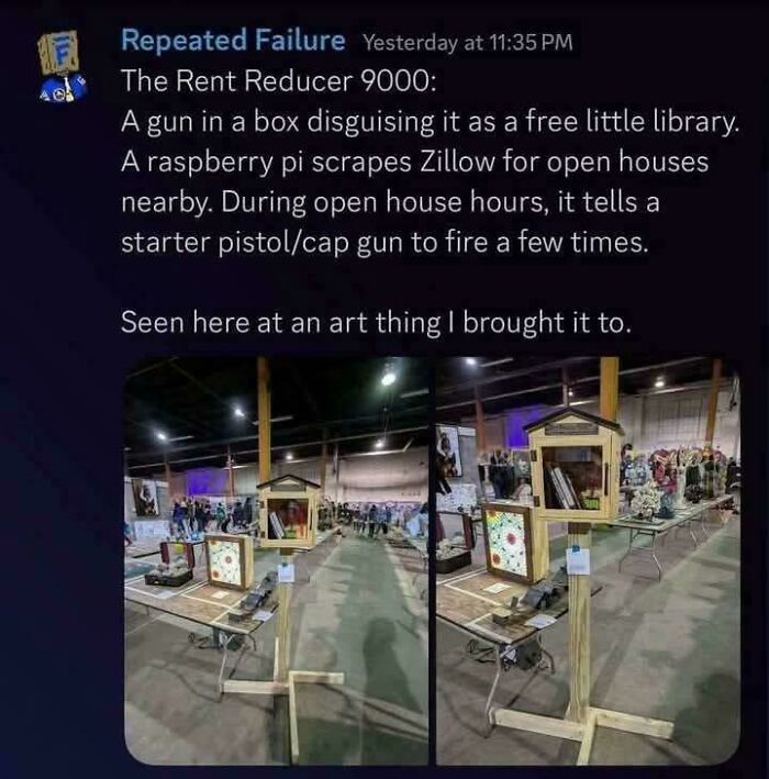 An art project designed to lower rent prices by mimicking gunshots during open houses to deter terrible landlords.