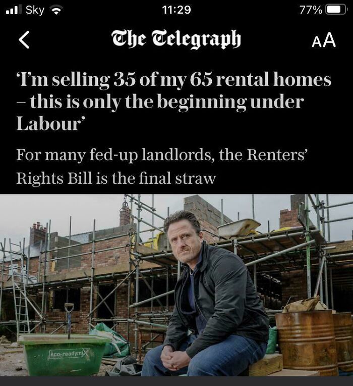 A news article screenshot featuring terrible landlords talking about selling rental homes