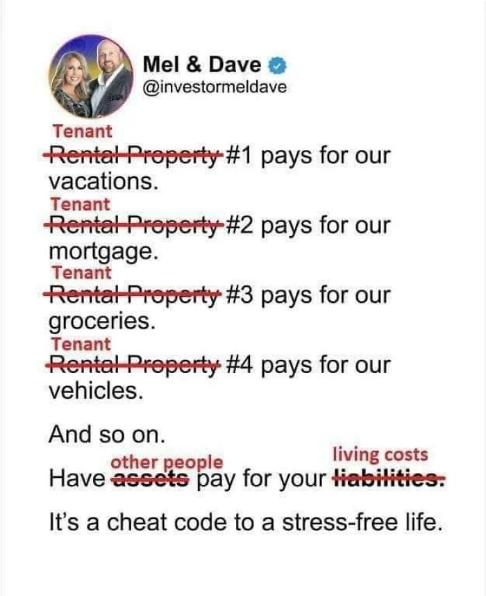 An edited social media post mocking terrible landlords who brag about tenants paying for their lifestyles