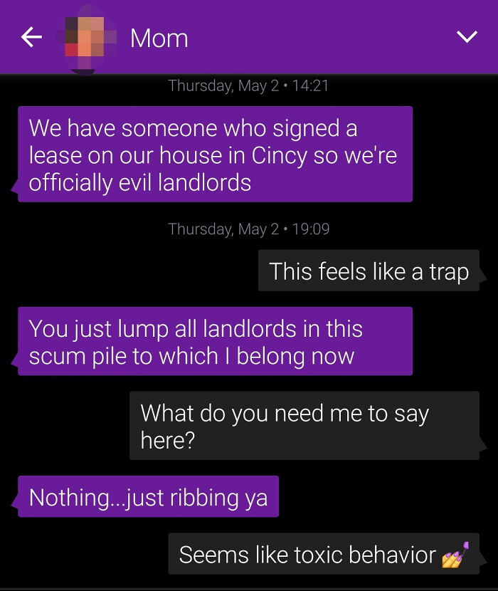 Text messages from a mother joking about becoming one of those terrible landlords