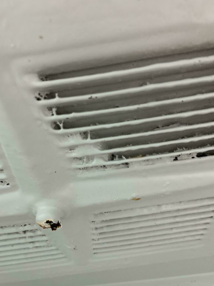 Close-up of a dirty ventilation grate with mold and dust, showing terrible landlords' lack of maintenance