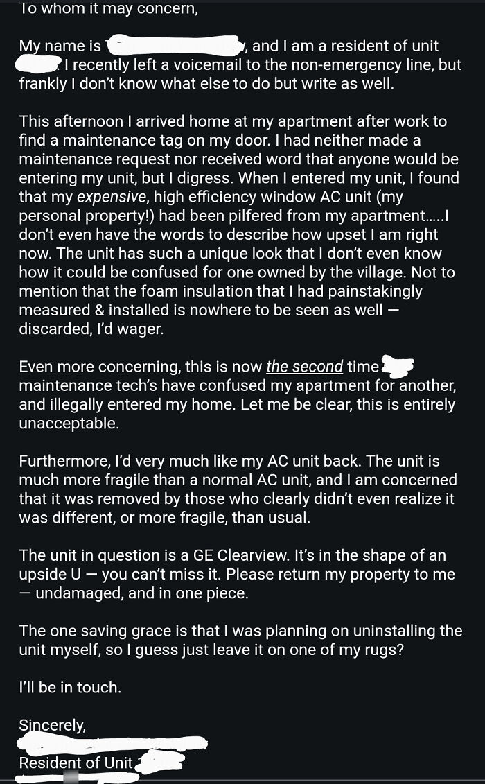 An email from a tenant complaining about terrible landlords illegally entering their apartment and taking their AC