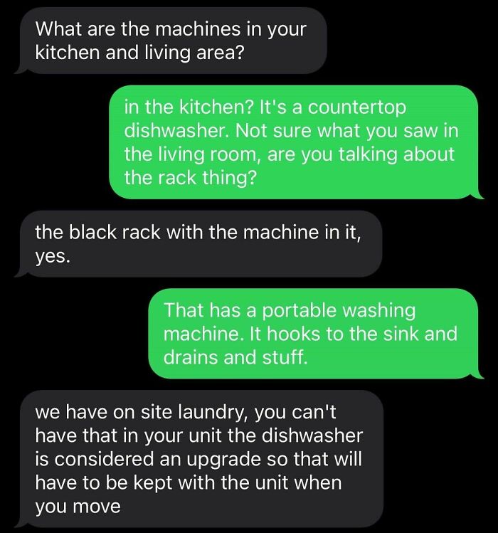 A text exchange with a terrible landlord demanding a tenant leave behind their portable dishwasher upon moving out