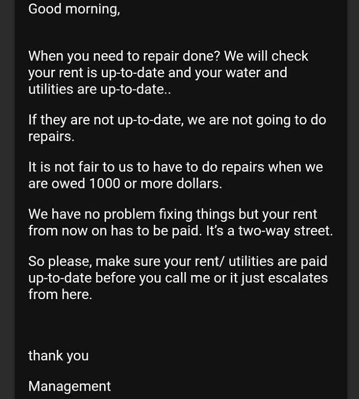 An email from a terrible landlord refusing to perform repairs unless the tenant is up to date on rent