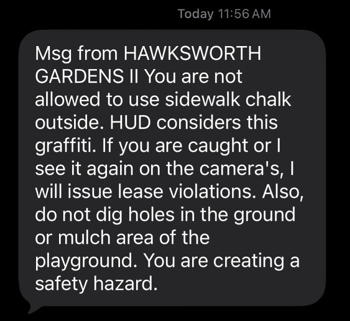 A message from a terrible landlord threatening a lease violation over sidewalk chalk, accusing children of graffiti
