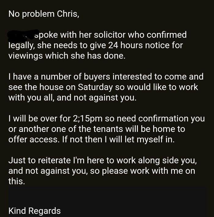 An email from terrible landlords threatening to enter a tenant's home without their consent.