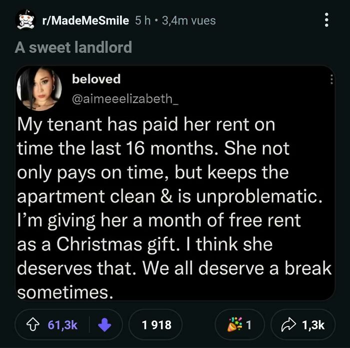 Social media post about a kind landlord giving their tenant a month of free rent