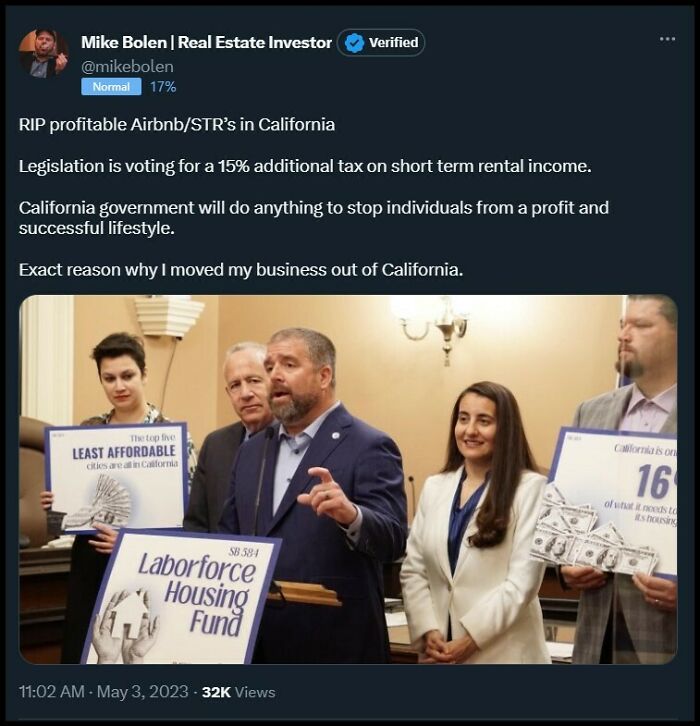Social media post by real estate investor complaining about taxes, featuring terrible landlords.