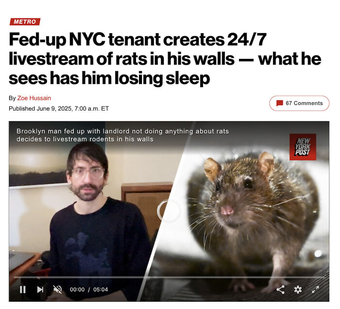 News article showing a tenant and a rat, highlighting issues with terrible landlords