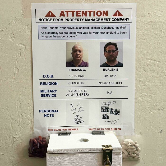 A parody poster of a property management company asking tenants to vote for their next landlord