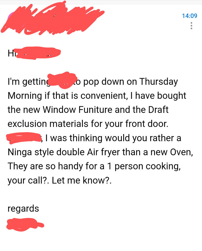 Text message exchange between a tenant and a landlord discussing a double air fryer instead of an oven
