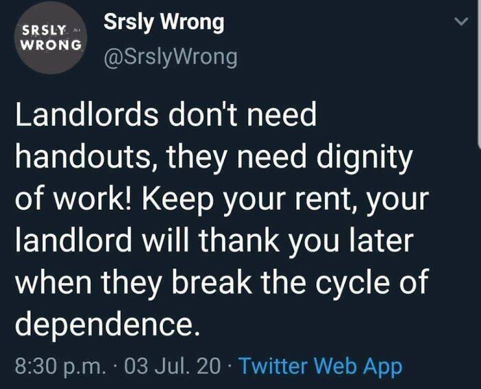 Humorous tweet suggesting landlords need to break the cycle of dependence by not accepting rent