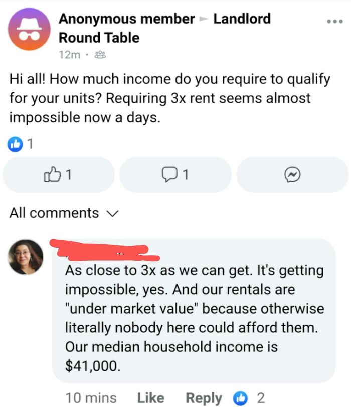 A social media post discussing high income requirements for tenants by a landlord