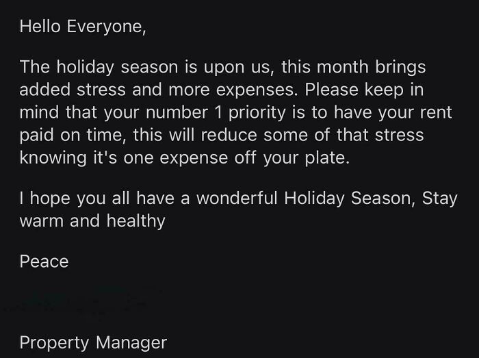 A holiday message from a property manager reminding tenants that paying rent on time is their number one priority