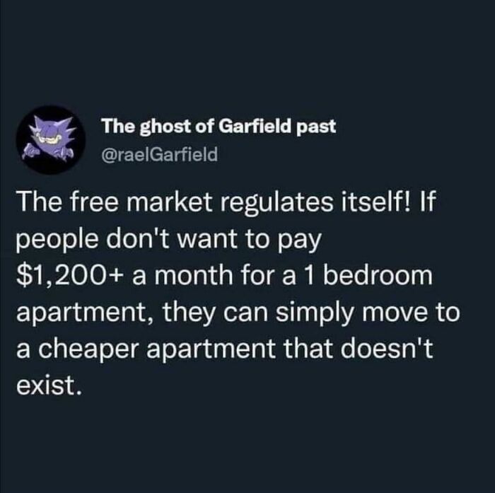A social media post mocking landlords who believe in free market self-regulation for apartment rent prices