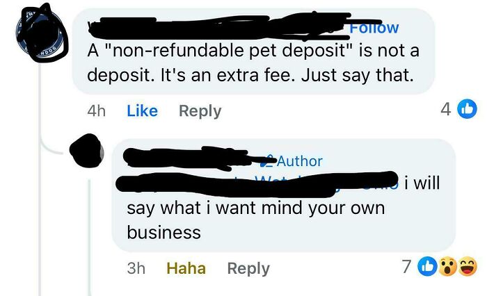 A Facebook comment thread criticizing a landlord for charging a non-refundable pet deposit fee