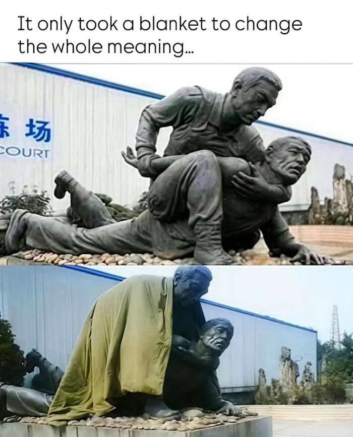 Funny memes showing how placing a blanket over a public arrest statue changes its entire meaning.